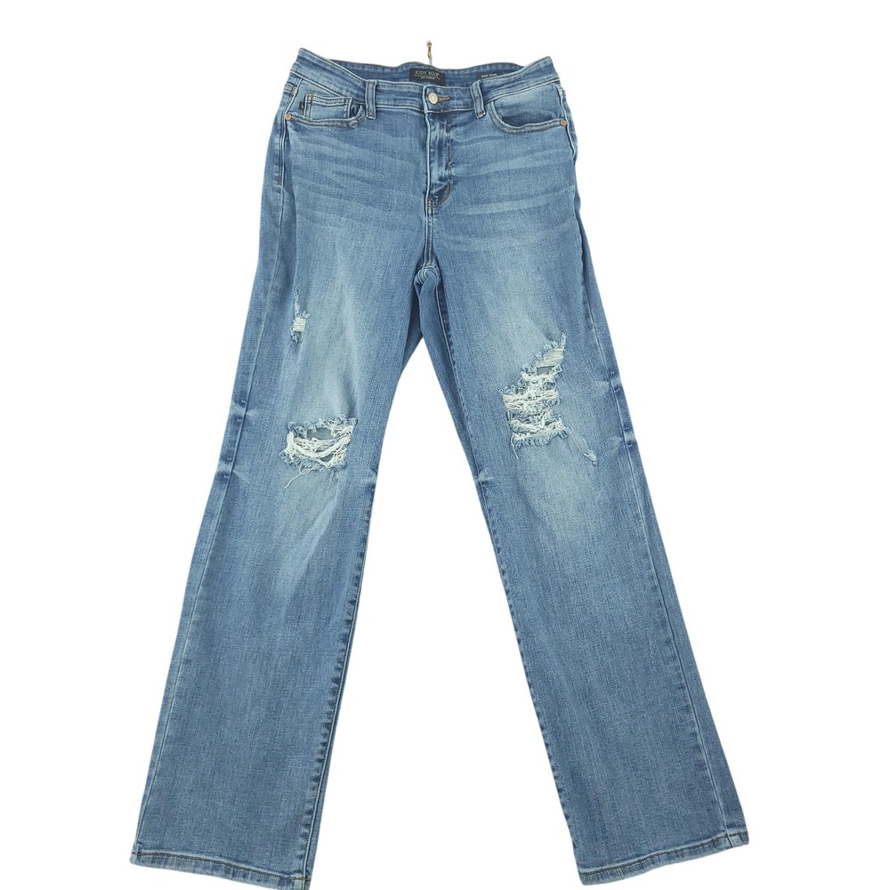Judy Blue Jeans Womens 11/30 Blue Med Wash High Rise Straight Distressed Denim